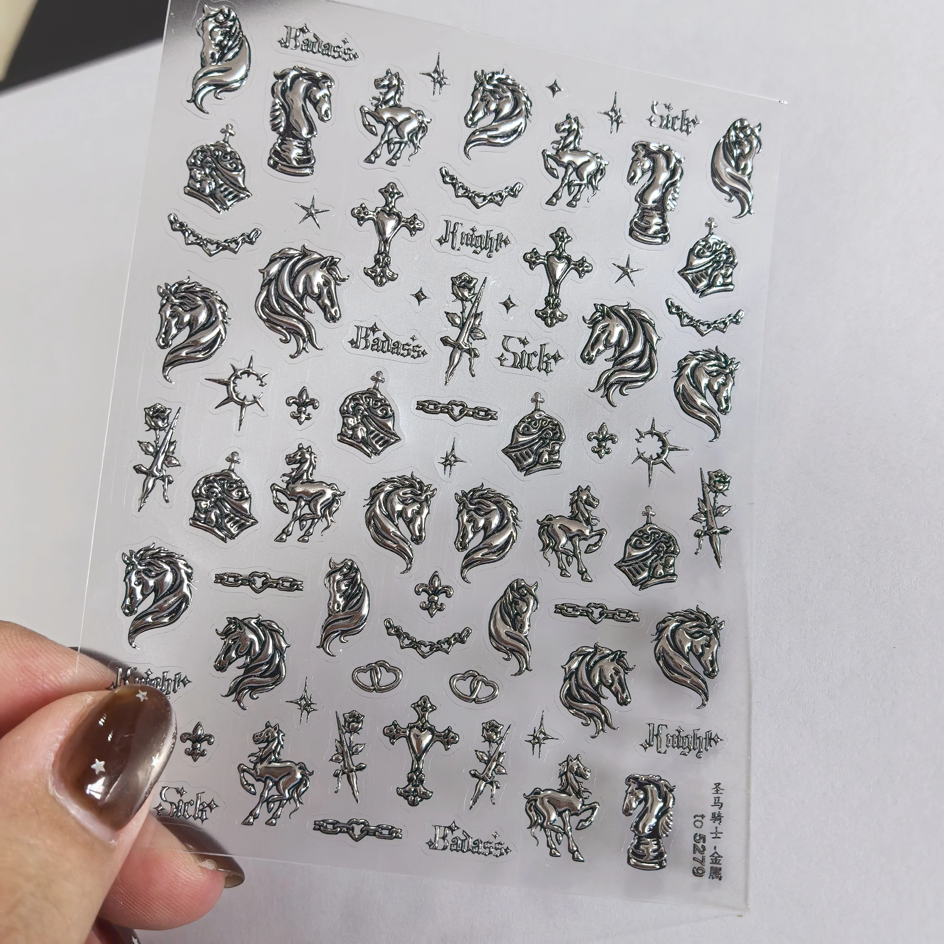 5D Embossed Horse Knight Nail Stickers Gothic Design Cool Black Metal Texture Y2K Cross Nail Art Decals for Manicure Decorations