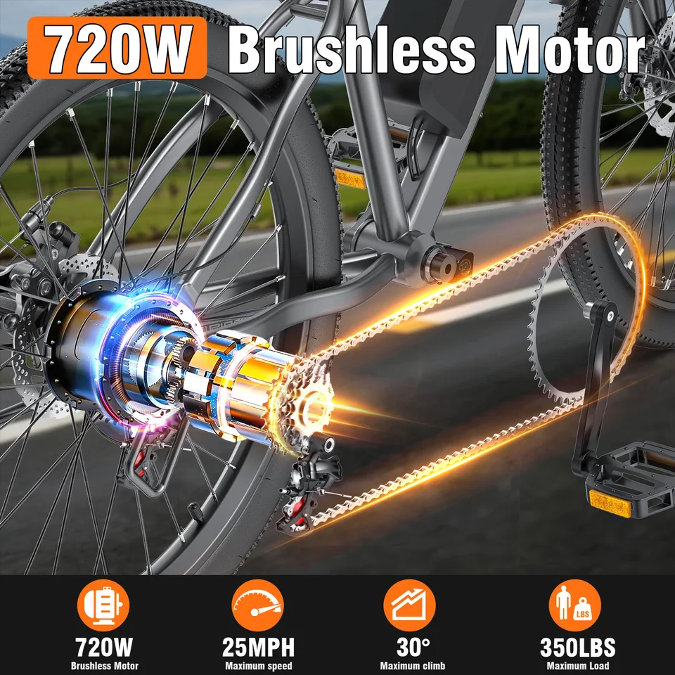 Electric Bike for Adults, 26" Commuter Ebikes with 7-Speed Gears, 25MPH Lightweight E Bike, 720W Peak Motor, 375Wh Removable Battery, 50 Miles Range, Electric Mountain Bicycle for All Terrain image 8