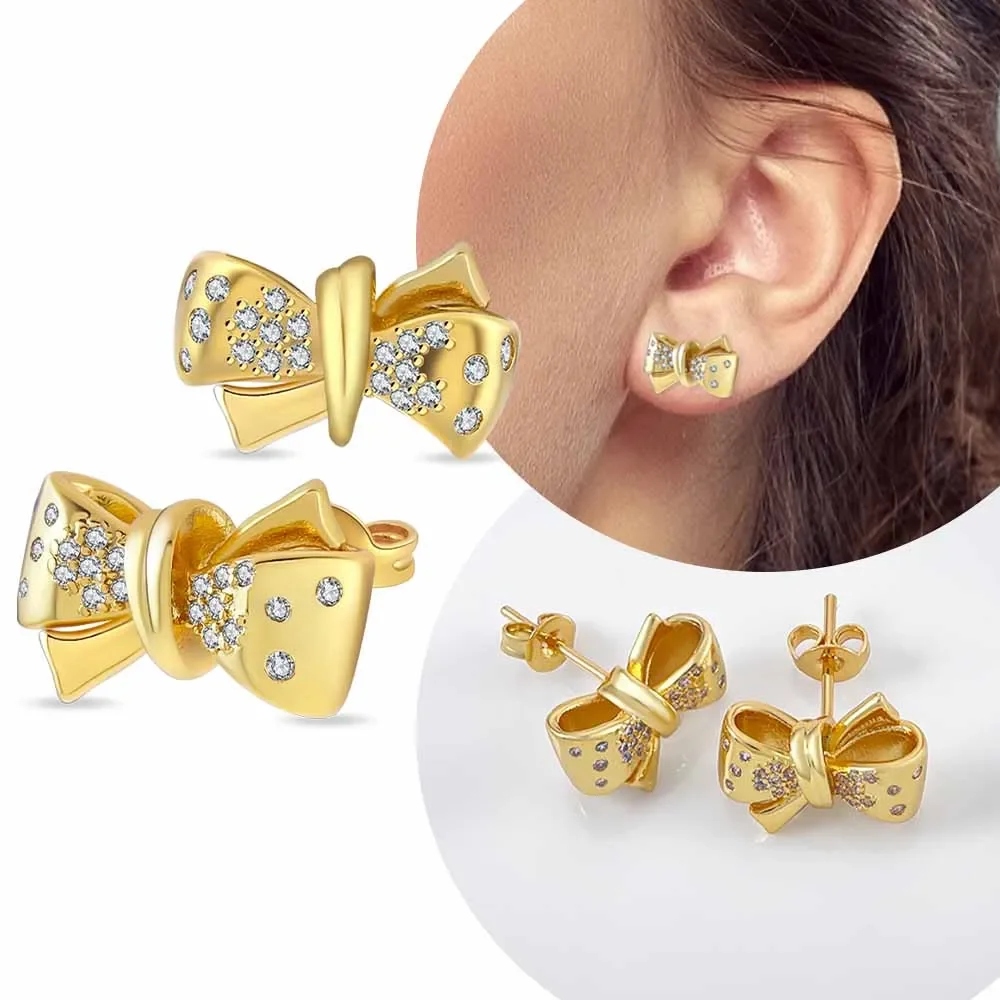 

925 Sterling Silver Jewelry Gold Bow Zircon Stud Earrings Lady's Luxury Anniversary Gift Fine Earring Accessories