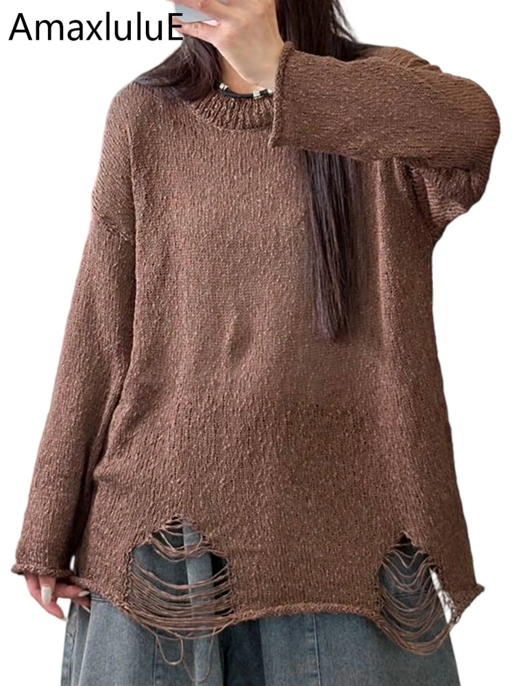 

Amax LuluE Korean 2025 Fall Females Fashion Loose Leisure Holes Sweaters Womens Classic Vintage Knitted Pullover O Neck Jumpers