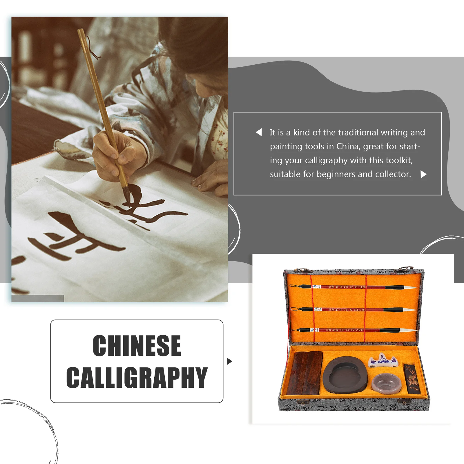 

1Set Durable Chinese Calligraphy Kit Smooth Surface Polished Corners Suitable for Beginners and Collectors Ink Brush
