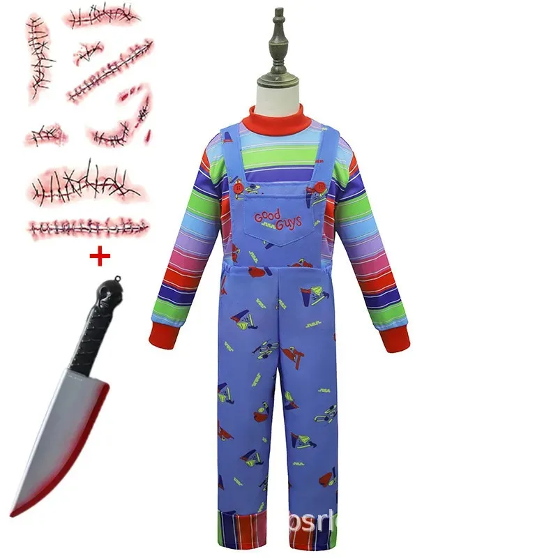 Disfraz de Chucky para niños, muñeca fantasma aterradora, conjunto completo de cuchillo de plástico, disfraces de terror de Halloween, vestido de fiesta de pesadilla para niña