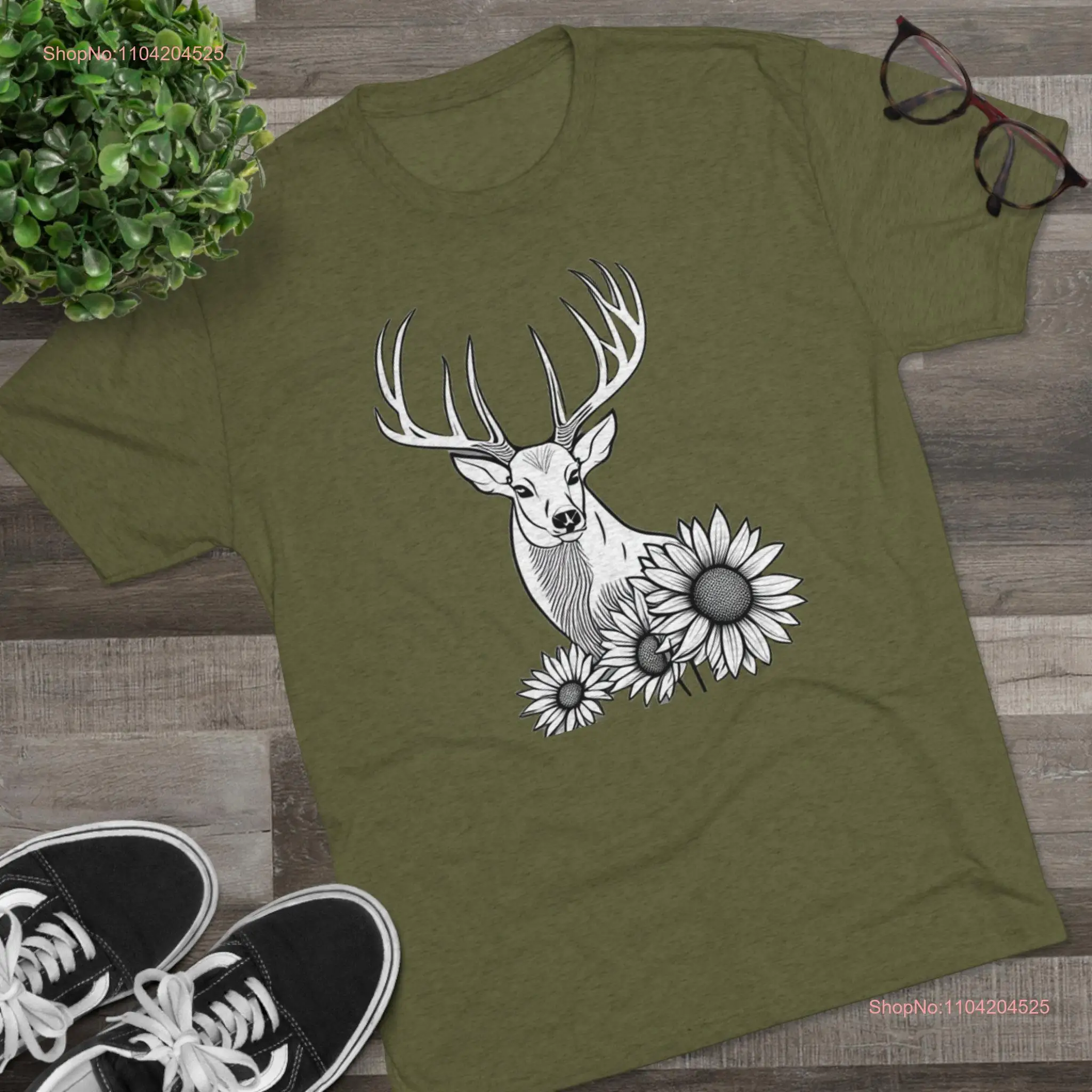 Whitetail Sunflower Hunting Tri Blend Crew T Shirt long or short sleeves