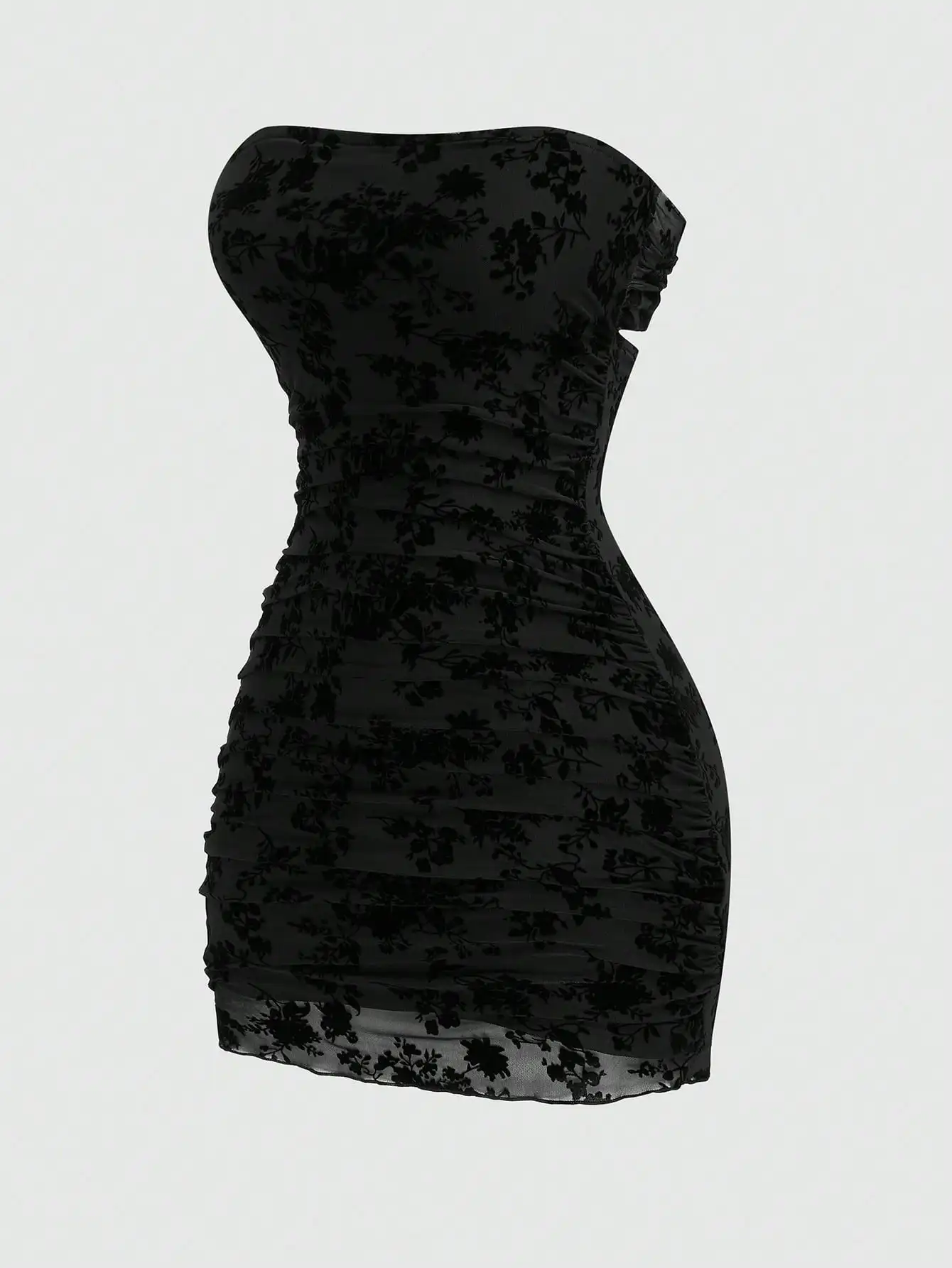 

Black Floral Velvet Ruched Strapless Mini Dress for Evening