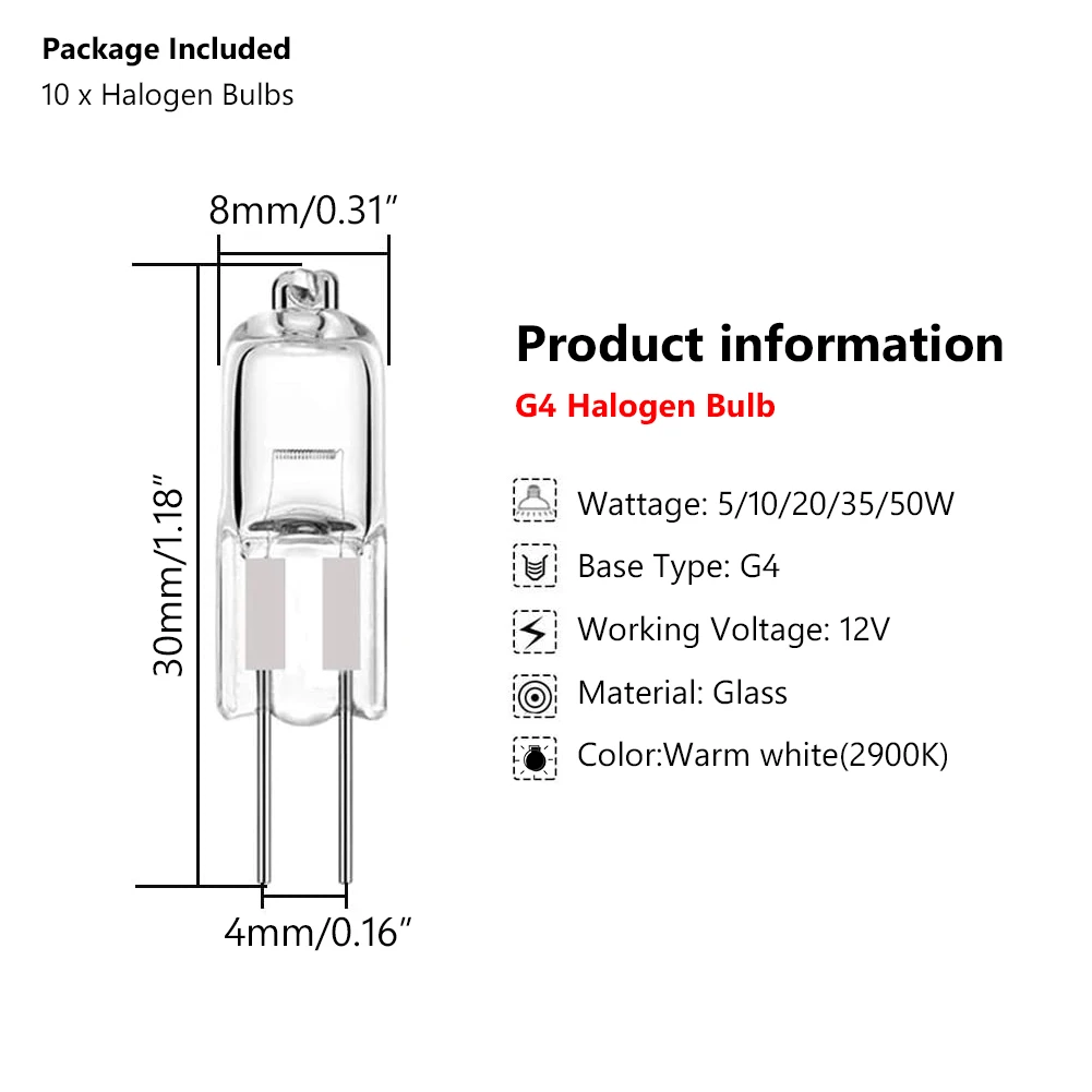 10pcs Halogen Bulb G4 12V 5W 10W 20W 35W 50W Globe Lot JC Bi-Pin LED Warm White Replace LED Capsule Lamp Halogen Bulbs Light