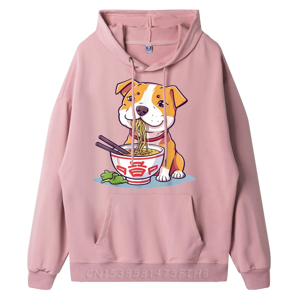 Funny Pitbull eating Ramen Noodle Soup Kawaii Graphic Luxury Designer Women Polyester Fiber Hoodies Men Party