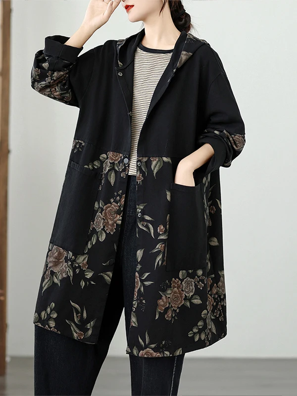 

Retro Floral Patchwork Denim Sle Coat for Women with Large kets Loose Fit Slimming Hooded Open Cardigan Outerwear