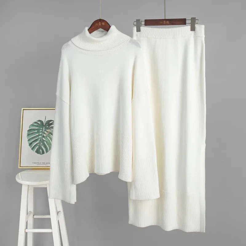 

Casual Solid Knit Turtleneck Sweater Pullover+Elastic Waist Maxi Split Skirt 2-piece Set Winter Women Suit New Long Sleeve Set
