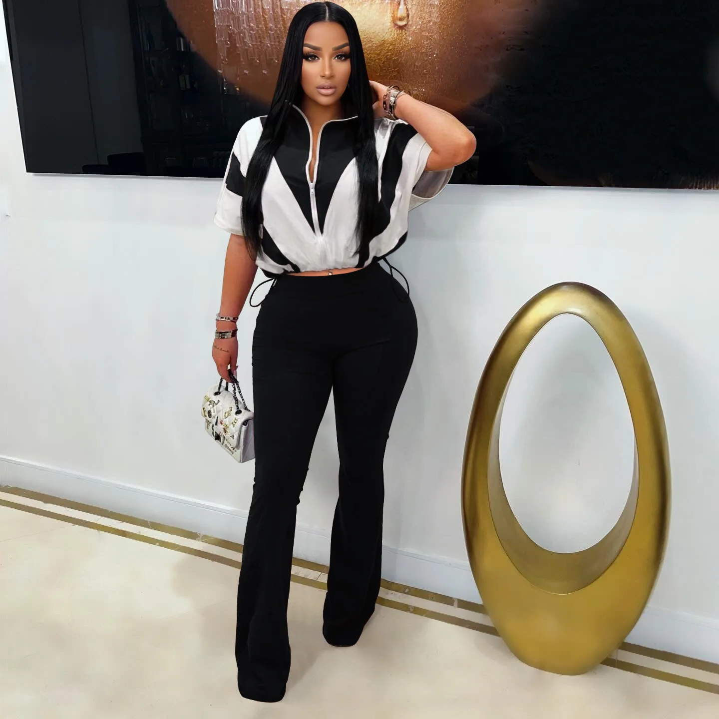 

Women Pant Set Two Piece Sets Turn Down Collar Short Sleeve Zipper Tops Wide Leg Long Pants High Waist Y2k Streetwear Work