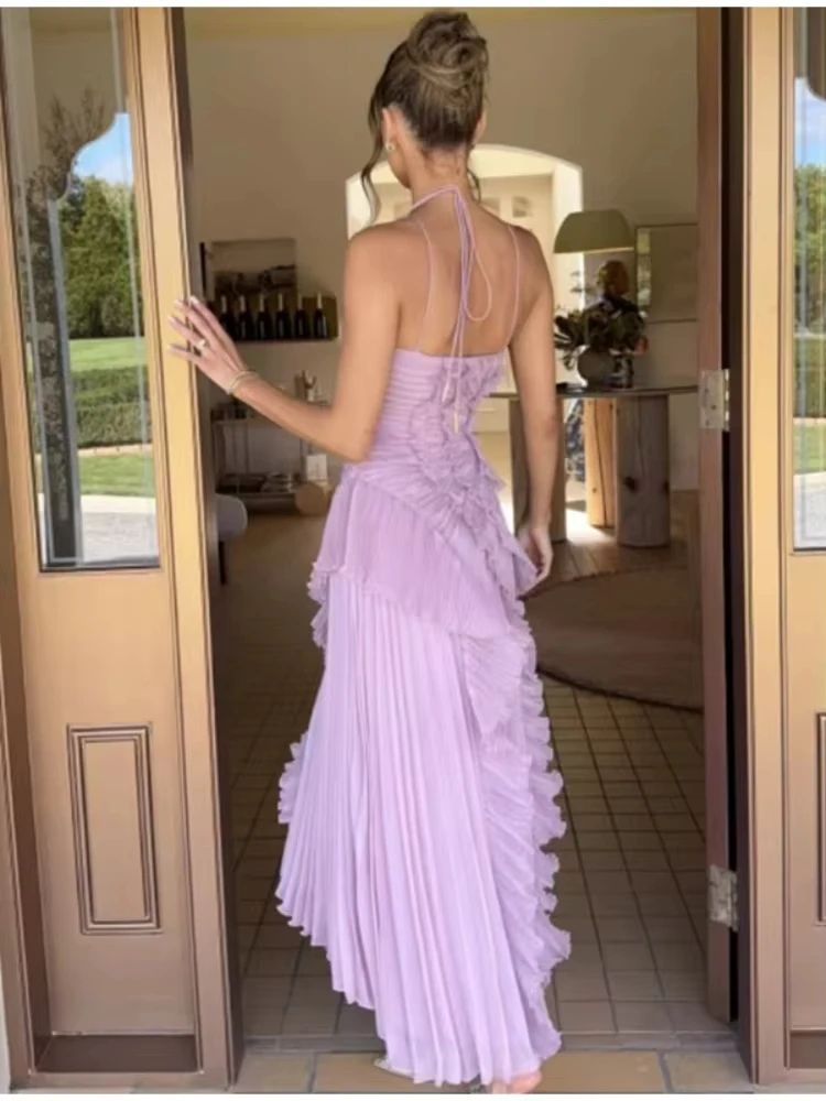 2026 elegante roxo halter uma linha vestidos de baile babados em camadas sem costas vestido de festa verão férias chiffon longo vestido de noite