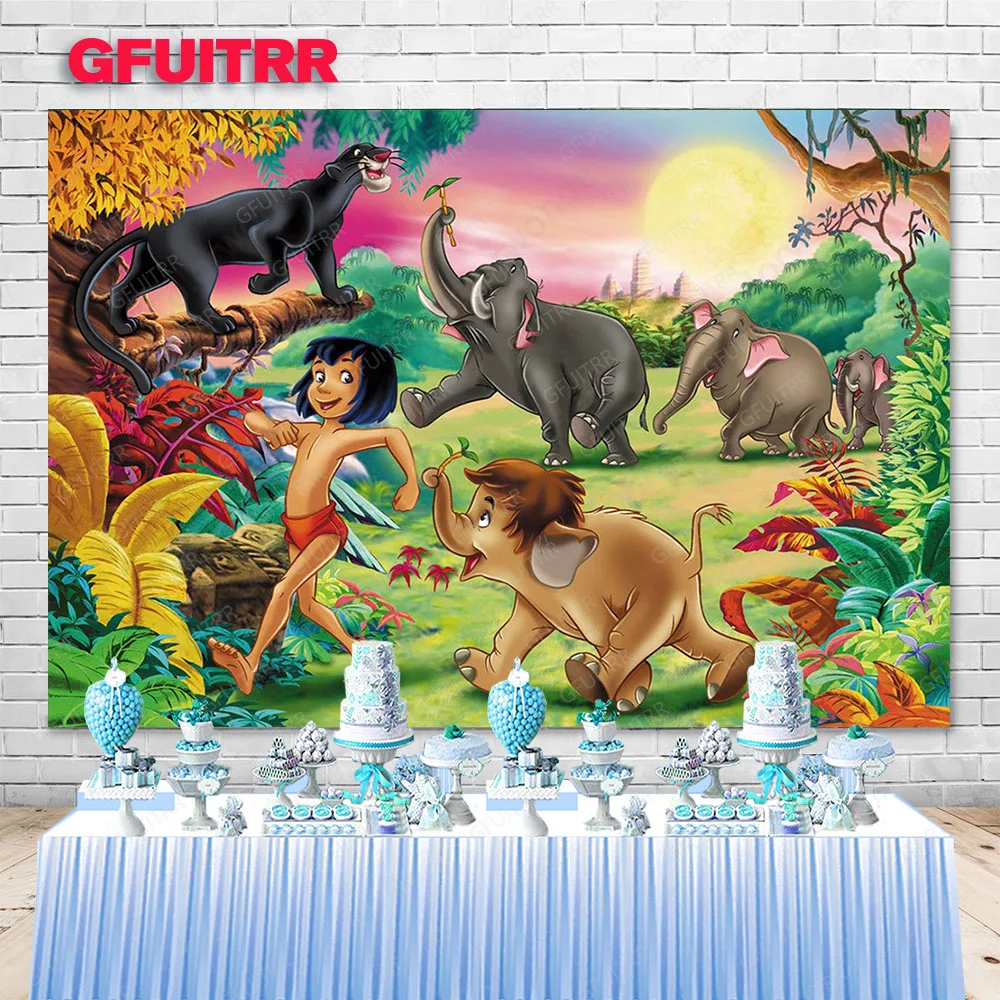 Het Jungle Boek Cartoon Achtergrond Kinderen Verjaardagsfeestje Decoratie Mowgli Beer Aangepaste Fotografie Achtergrond Cover Studio Banner