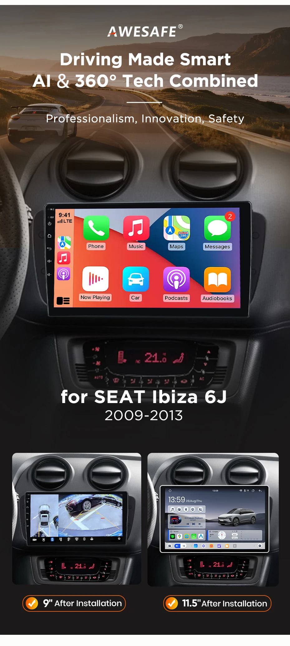AWESAFE Kabelloses CarPlay Android Auto Radio für Seat Ibiza 6j 2009 2010 2011 2012 2013 Auto-Intelligentes System RDS GPS FM BT SWC – Detail 5
