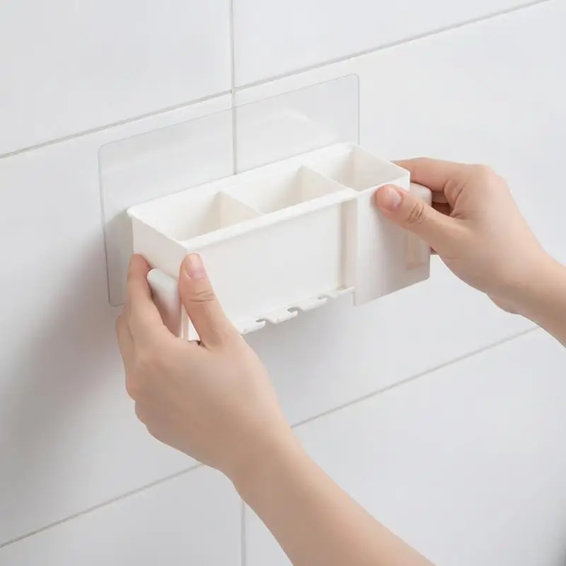 Seamless Adhesive Toothbrush Storage Box Hanging Wall Rack Organizer Holds 2 Toothbrushes Toothpaste Cup for Bathroom Use