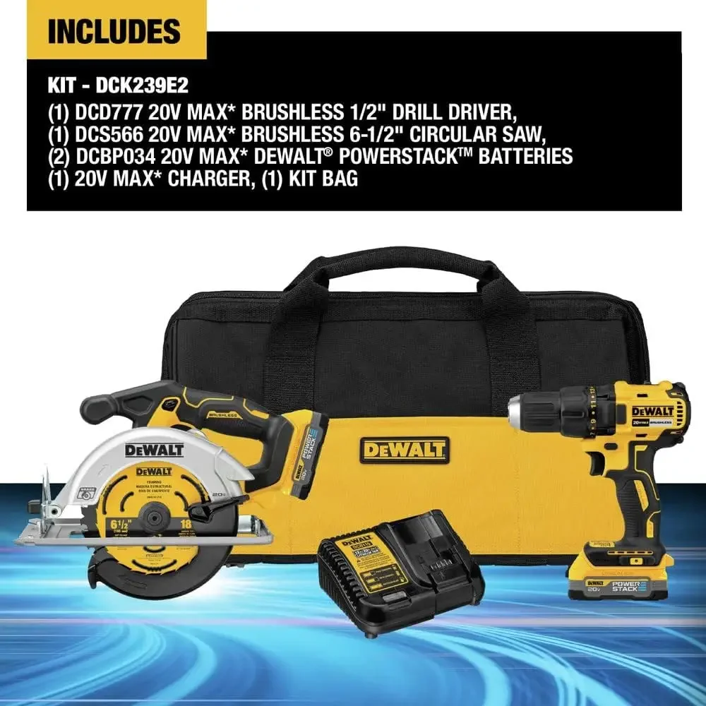 DEWALT 20V MAX* Brushless Cordless Circular Saw and Drill Combo Kit with DEWALT POWERSTACK Compact Batteries (DCK239E2)