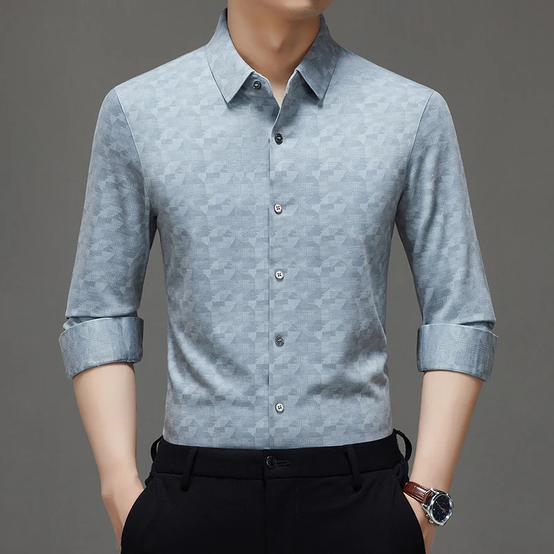 

Men's Business Casual Shirt with Subtle Texture Soft Touch & Eco-Friendly Fabric Blue Khaki Tops Essential Attire Four Season