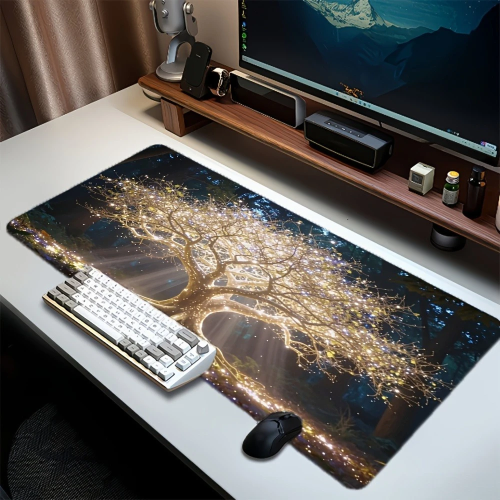 Conception de l'arbre magique lumineux avec lumières féériques, tapis de bureau, organiseurs de bureau et plateaux, tapis de souris