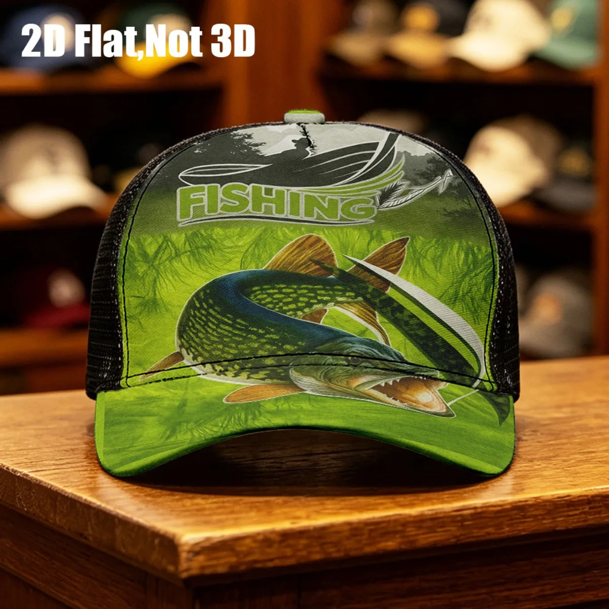1pc 2D Flat Baseball Cap with Fishing Pike Fish Boat Outdoor Green Print Comfortable, Breathable Mesh, Durable