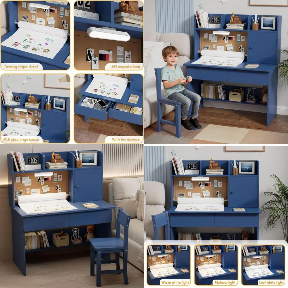 

Children's Study Desk Set with Storage, Light, and Paper Roll for Boys & Girls, Wooden Desk and Chair