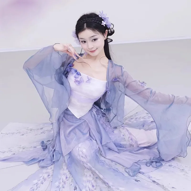Classical Dance: Flowing Gauze Robes with Trumpet Sleeves, Draping Skirts, Performance Costumes, Training Suits