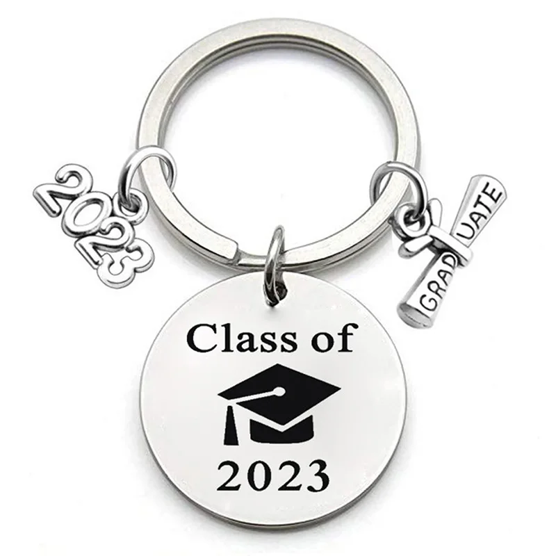Keychain Pendant Stainless Steel Round Student 2024 Graduation Season Gift Bachelor Hat Gift Lettering Metal Key Ring Accessorie