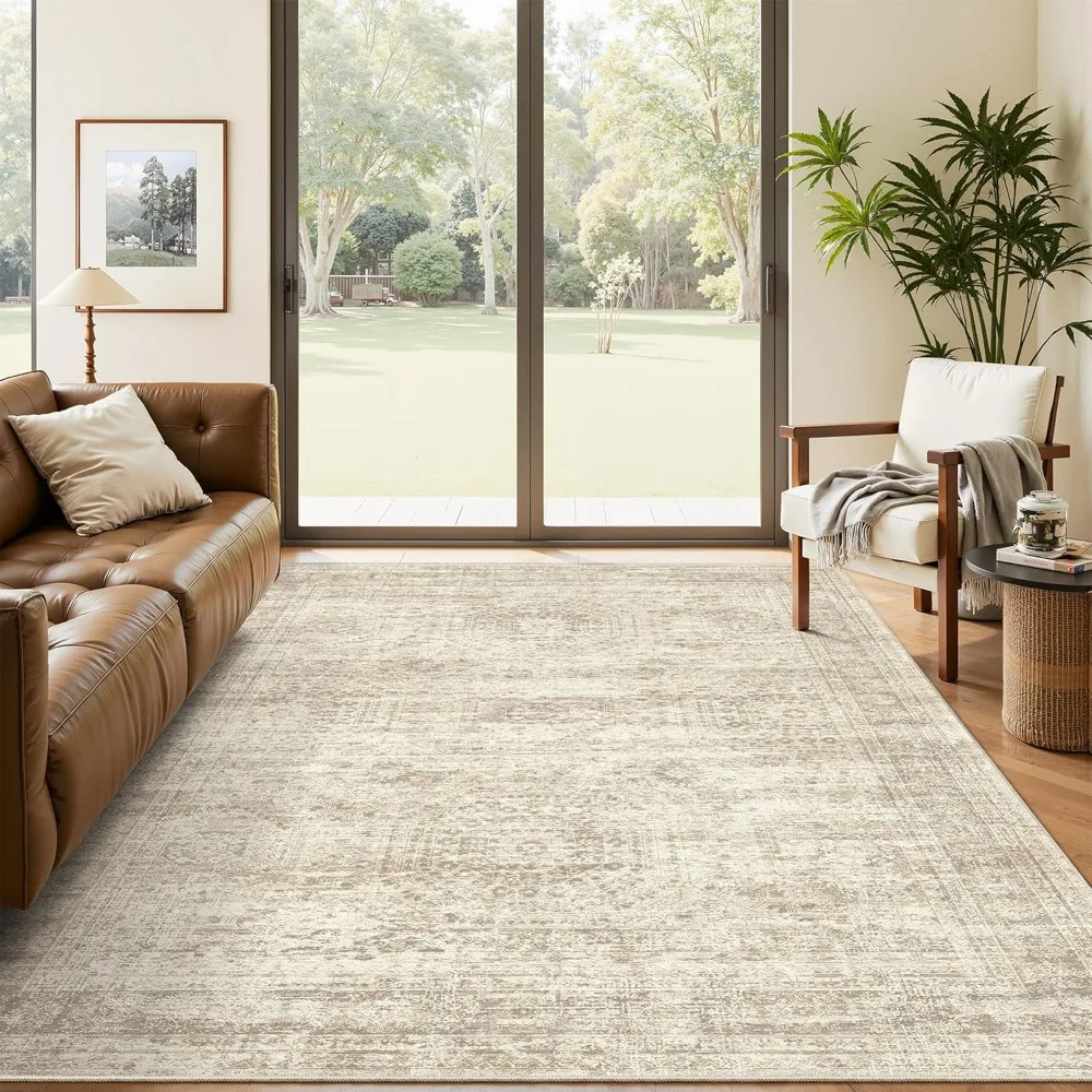 

Beige 5x7 Indoor Area Rugs with Low Pile, Washable, Trendy Faded Design for Home, Foldable, Non-Slip, Thin