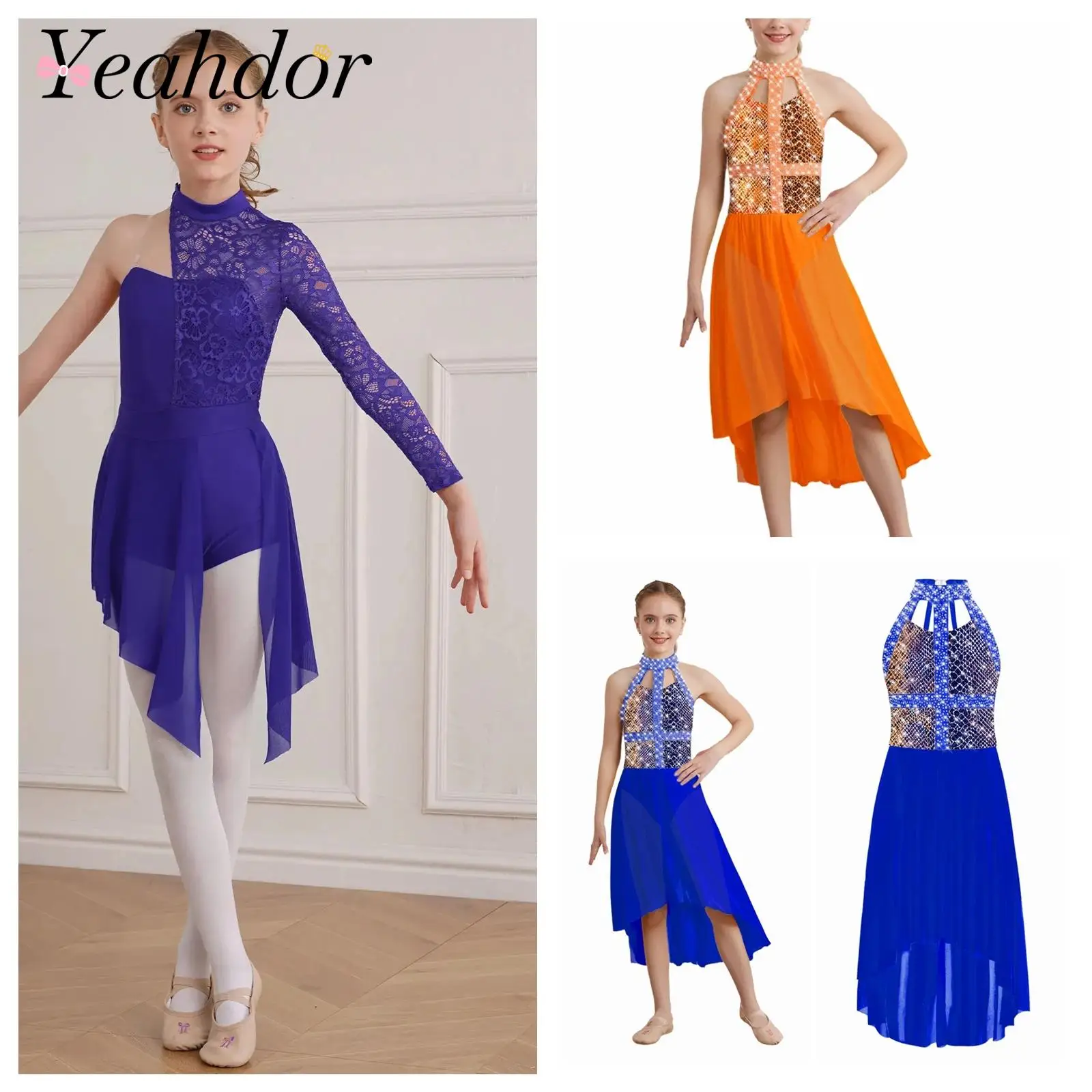 

Kids Girls Lyrical Dance Costume Floral Lace Ballet Dresses Latin Jazz Cha-cha Dancewear Stage Performance Figure Skating Dress