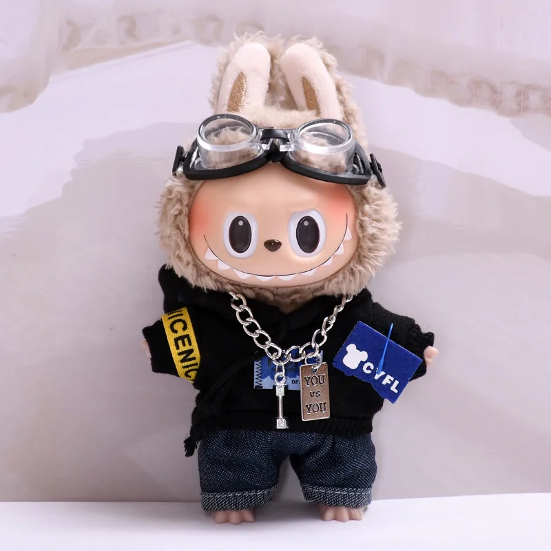 17cm Labubu Dolls Clothing The Monster Clothes Outfit Accessories DIY Kids Gift Pilot Hoodie Jeans Flying Glasses FD06K