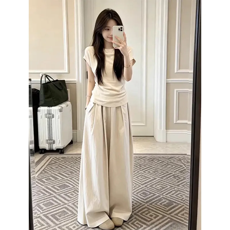 

Fashion Academy Style Women's Summer 2026 New Casual Short Sleeve Wide Leg Pants Two Piece Set