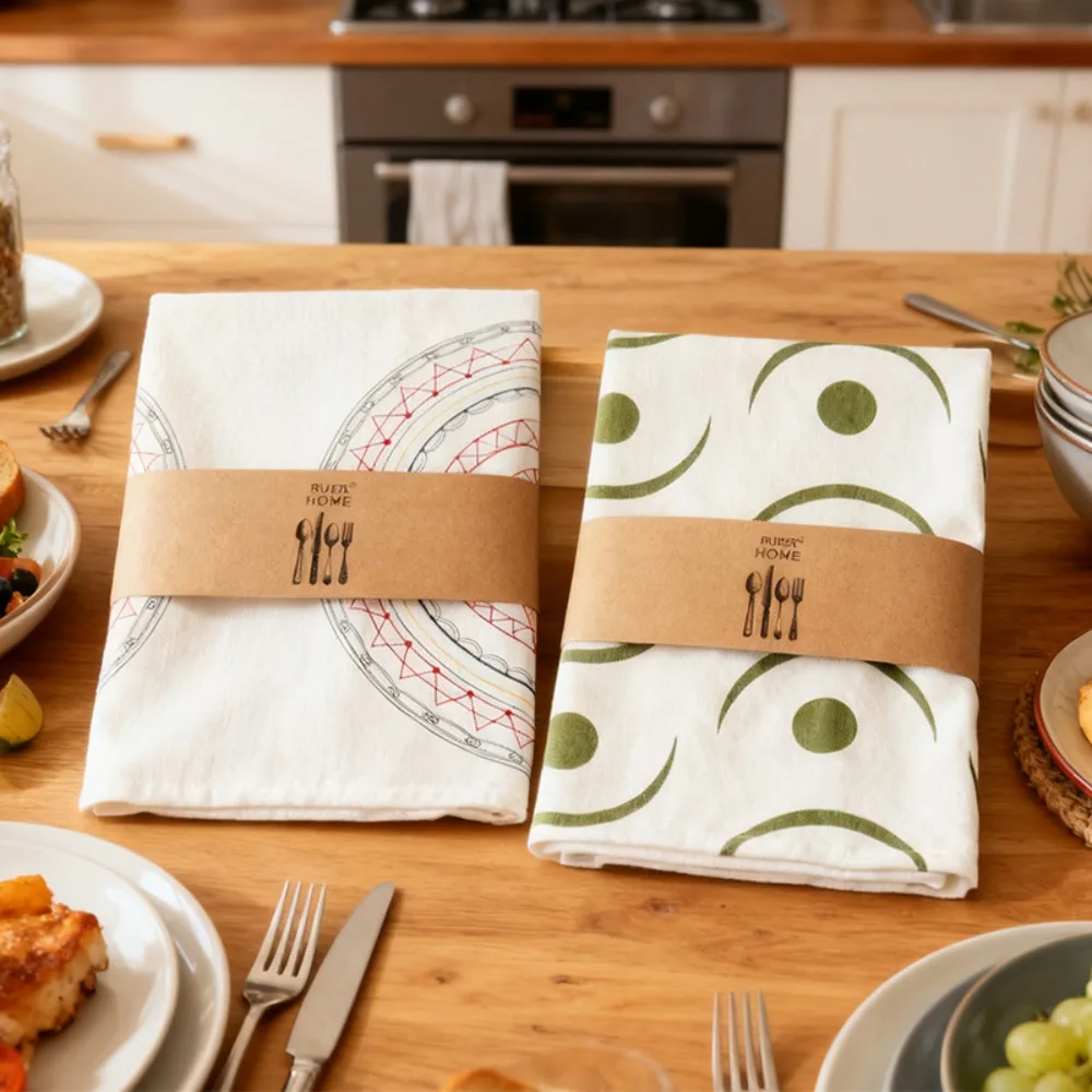 2PCS Boho Cotton Kitchen Tea Towel Geometric Print Dish Cloth Large 50x70cm Table Placement Mat for Baking Food Photography