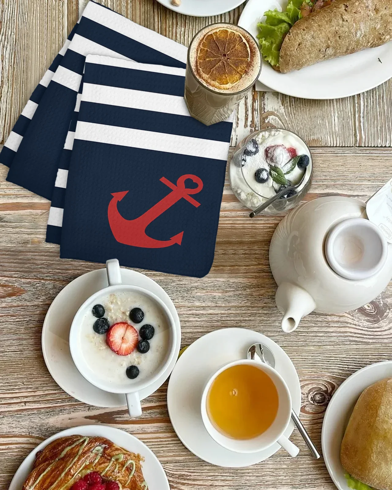 Navy Blue Stripe Anchor Simple 40*60cm Tea Towels Absorption Walf Checks Kitchen Soft Cleaning Towel Cloth Napkins Dish Rags