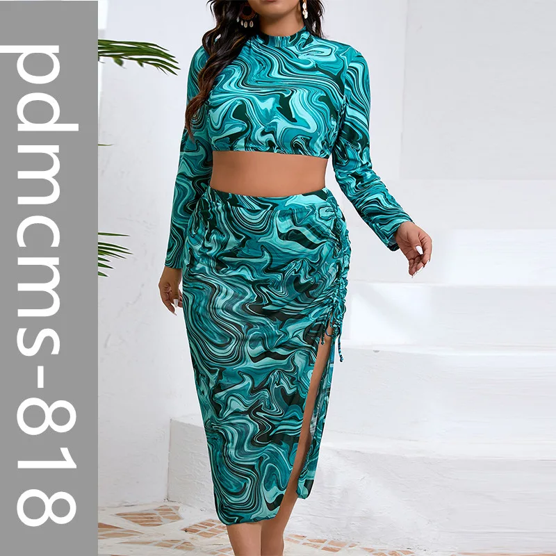 

Large size rendering printing long sleeve conservative split three-piece gauze skirt bikini swimsuit 2025 new
