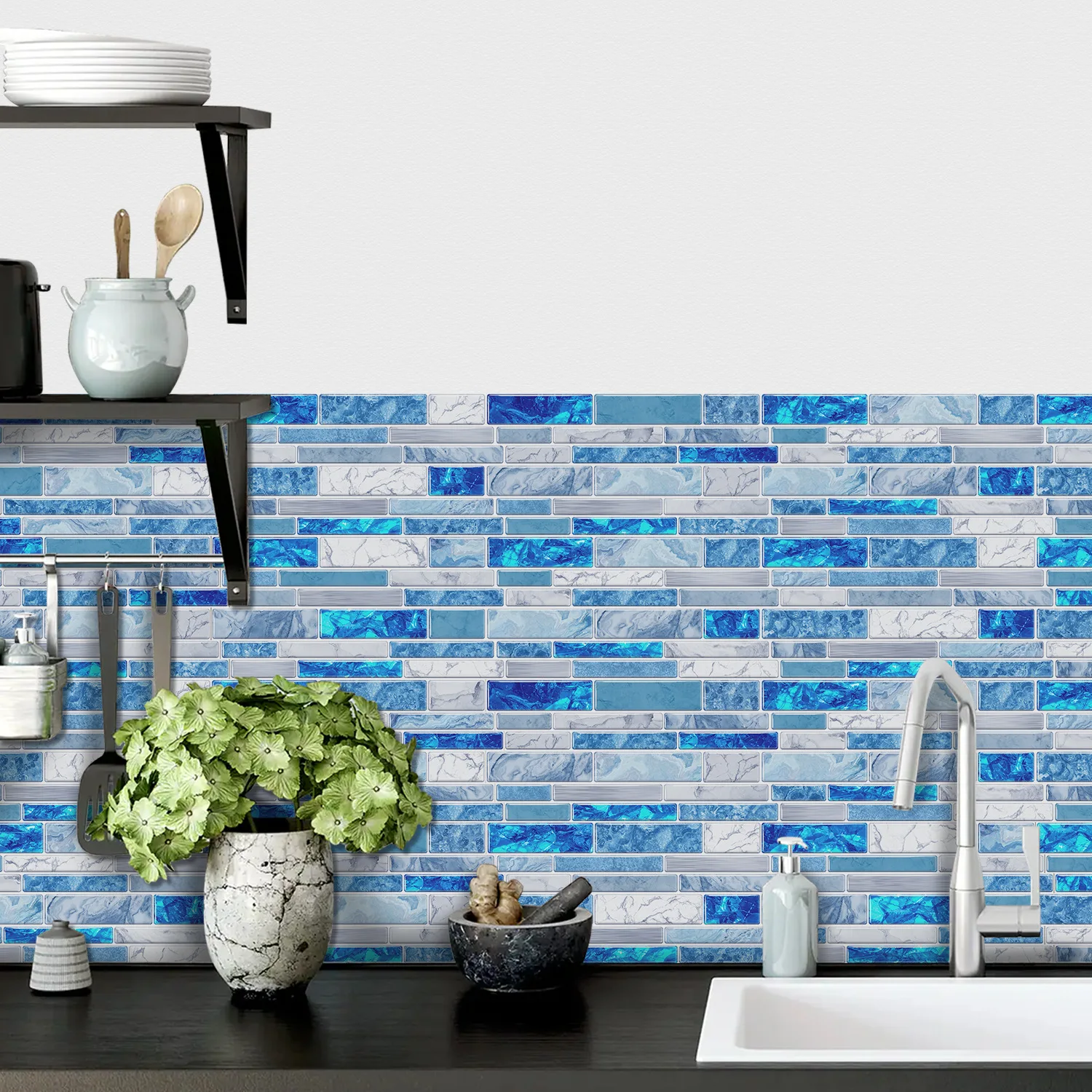 Wood Grain Tiles Sticker, Kitchen Living Room Waterproof Oil-Resistant PVC Wall Sticker - Adhesive Wall Decor