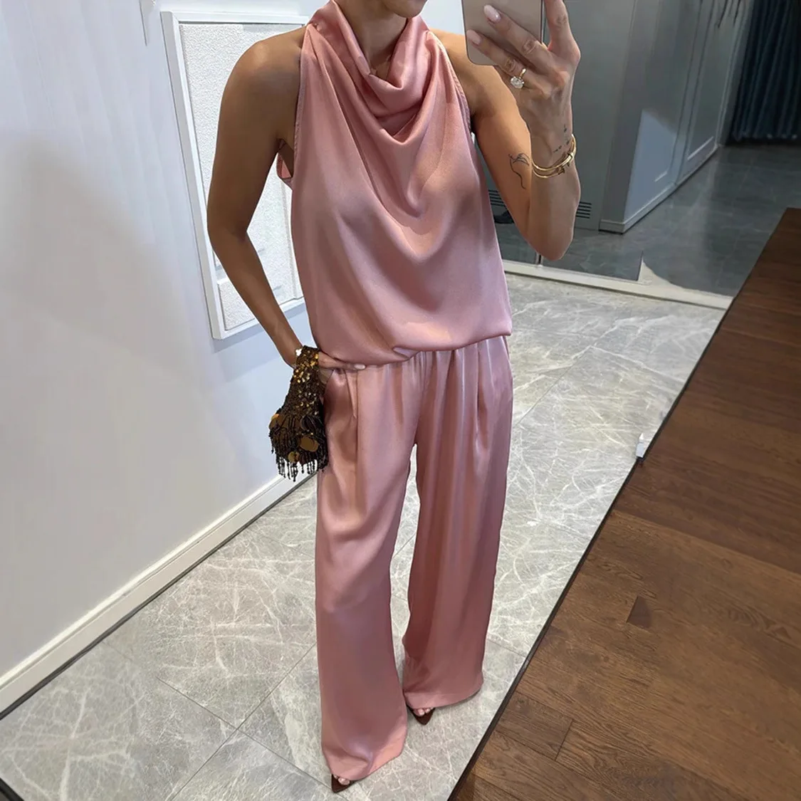 

DSMTRC New in Matching Sets Summer Solid Sleeveless Tops+Wide leg Loose Pants 2 Pcs Set for Woman conjuntos femininos elegantes