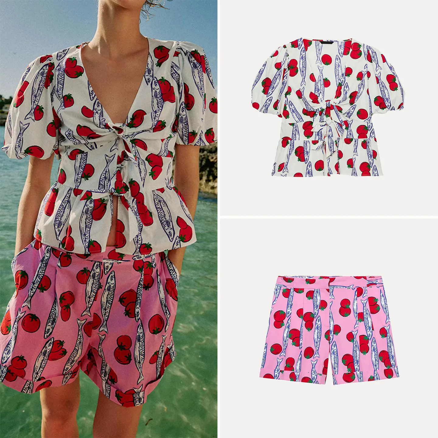 

Women's Fashion Summer Outfit V-neck Bubble Sleeve Printed Shirt with Bow Tie Short Pants Pleated Skirt Two-piece Set