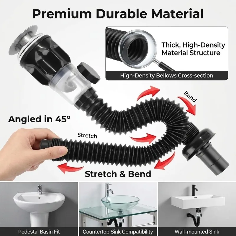 Sink Drain Pipe Assembly Kit  Anti Odor Basin Drainage Set, Flexible Stretch Drain Hose for Bathroom Vanity Sink Waste Water