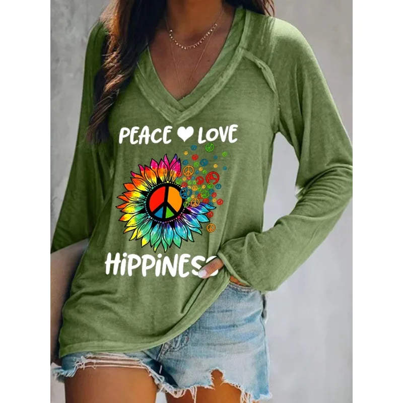 Ilstile Women's Hippie Love Peace Print T-Shirts Autumn Summer Long Sleeve Casual Loose V Neck Tops Tees NEW