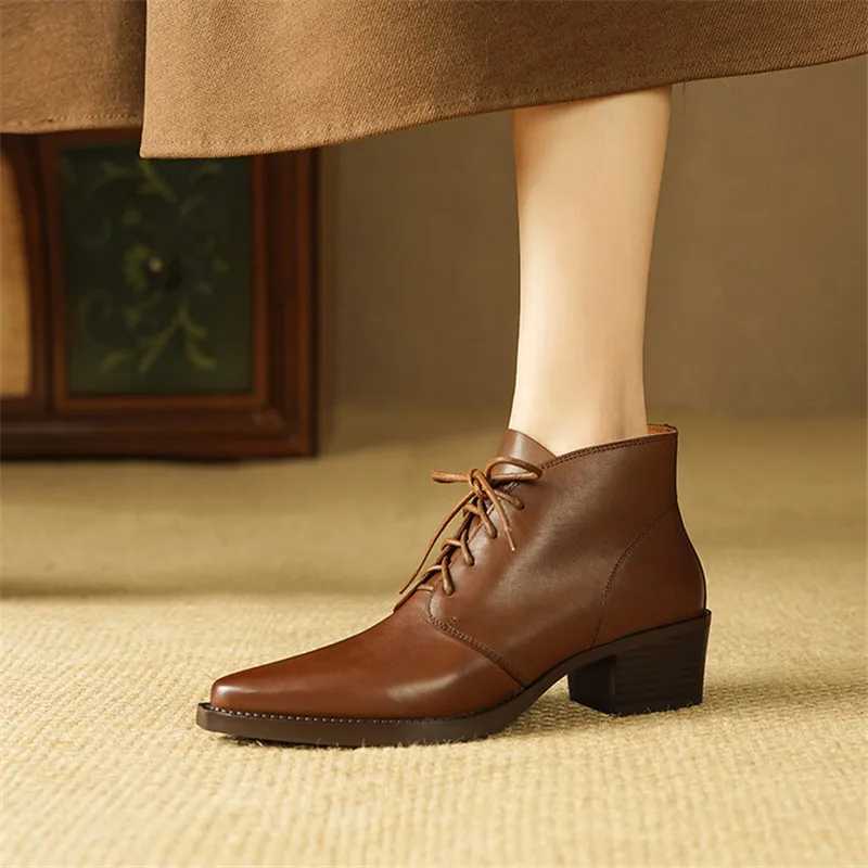 New Autumn/Winter Genuine Leather Women Shoes Pointed Toe Chunky Heel Ankle Boots for Women Lace Short Boots Zapatos De Mujer