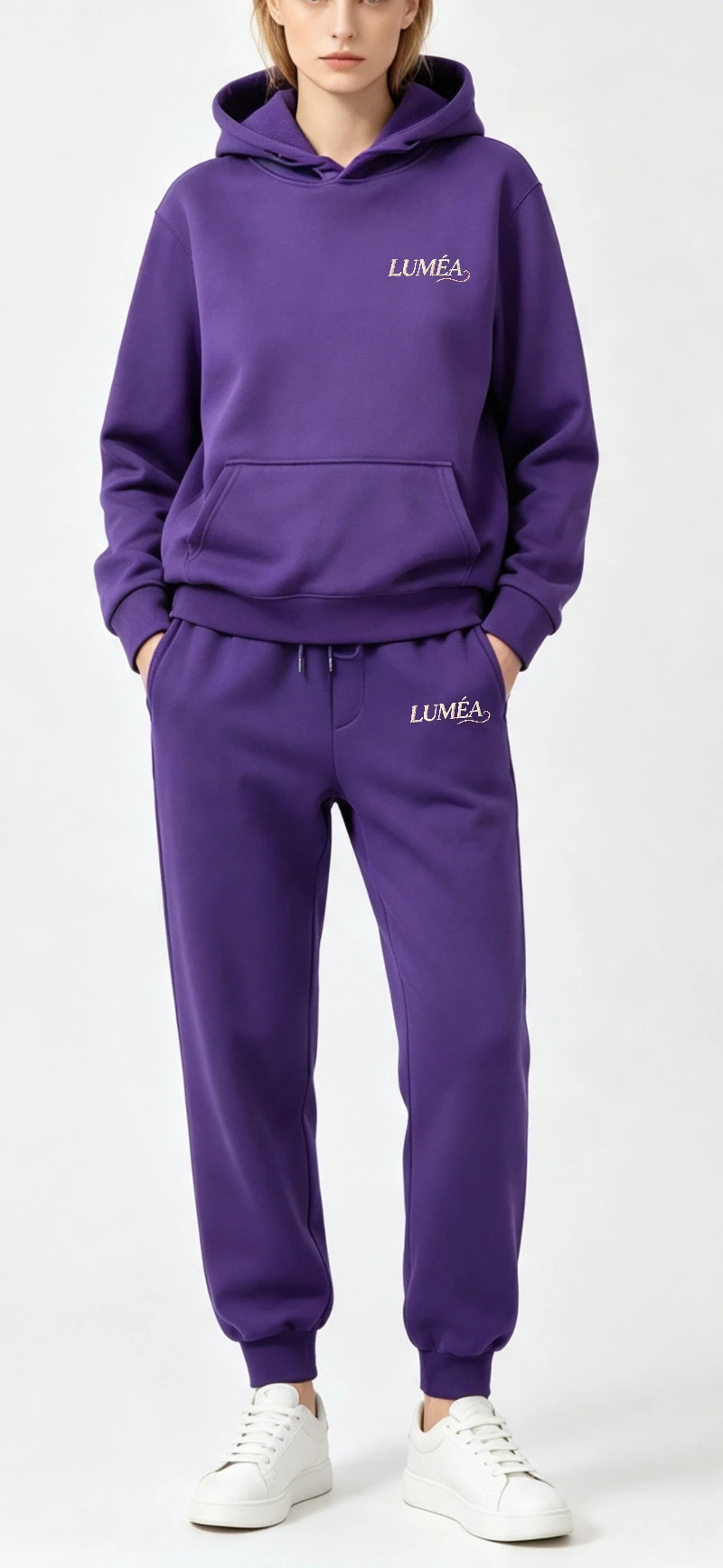Women's Autumn and Winter Solid Color Printed Minimalist Two-Piece Hoodie Casual Drawstring Sweatpants Home Clothes