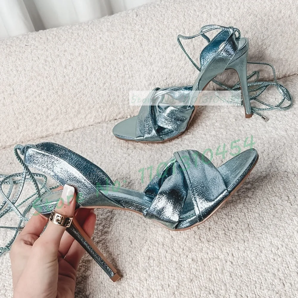 Metallic Blue Wrap Heeled Sandals Women Open Toe Back Strap Luxury Party Shoes Ladies Lace-up Elegant Stiletto Heels Sandals