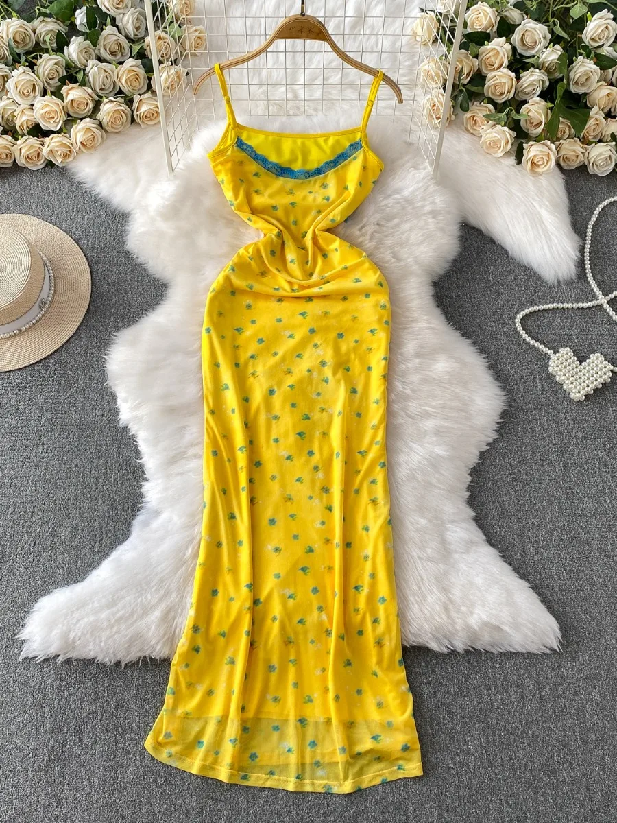 Foamlina Vacation Yellow Slimming Maxi Dress Women's Summer Sexy Backless Halter Floral Lace Cutout Cinched Waist Long Dress