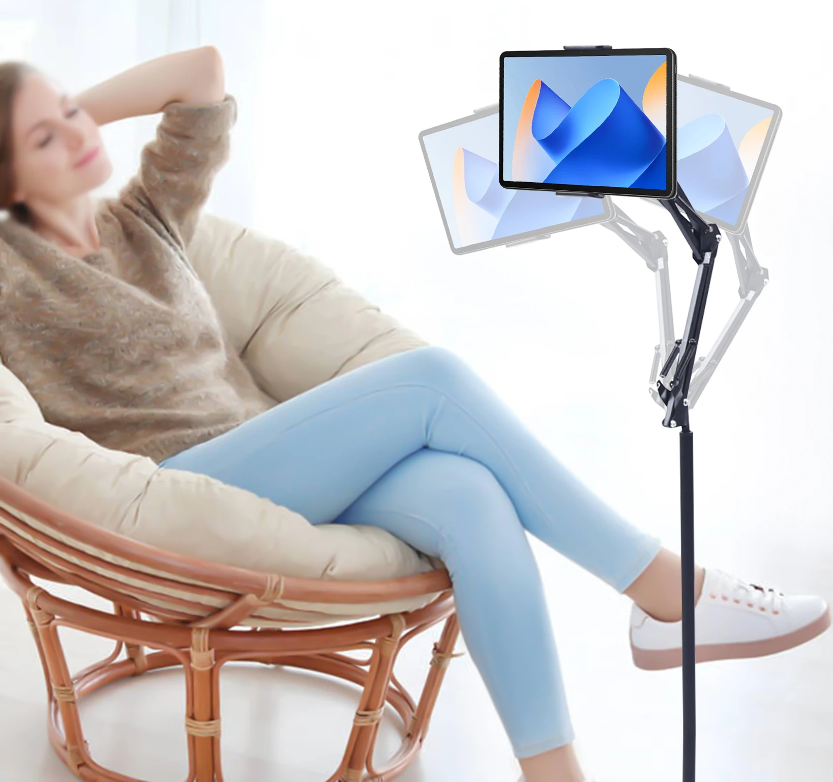 Tablet Floor Stand, Tablet Stand, Height Adjustable with Metal Base and Mobile Phone Clip, 360° Rotating Tablet Holder, Suitable for Bed, Home, Sofa, Office