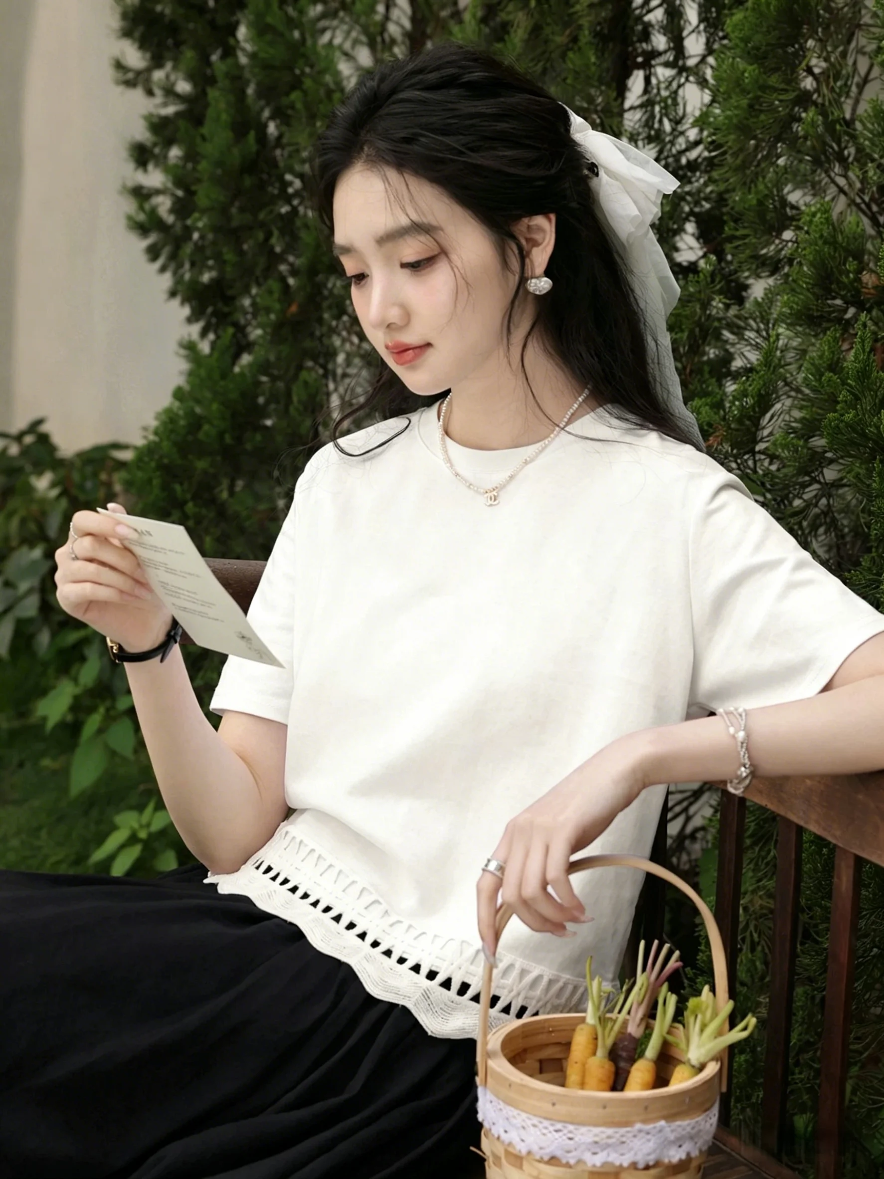 

White Lace Splice Loose Short Sleeve T-Shirt Women's Casual Top Cotton 95% Elastic Fiber 5% Summer New Style plus Size