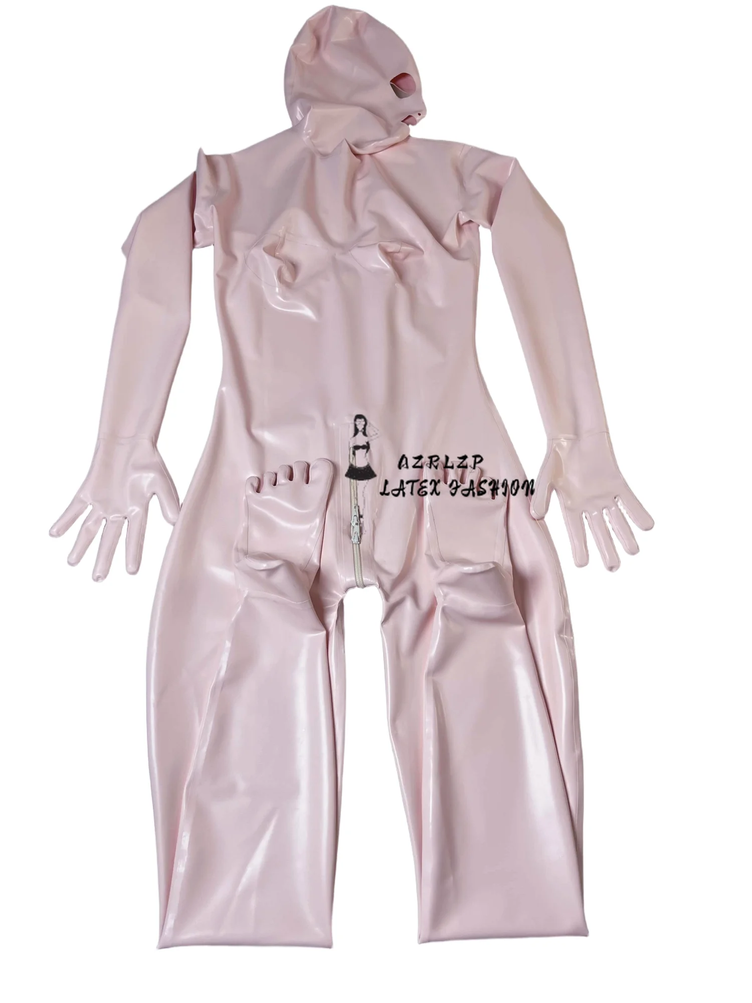 

Baby Pink Latex Sexy Bodysuit for Women with 3D Chest and Hood and Gloves and Socks