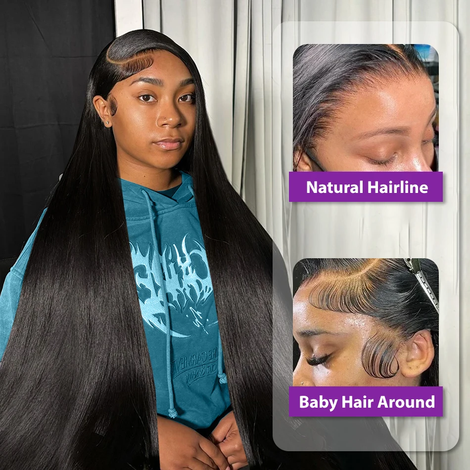 Peluca de cabello humano liso con encaje Frontal HD, Remy brasileño 30, 40 pulgadas, 360, pelucas frontales de encaje transparente para mujeres negras, 180% de densidad