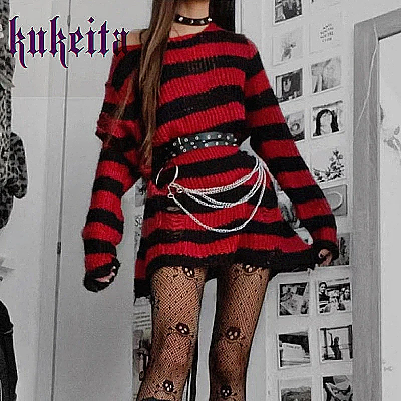 Kukeita Women Sweater Gothic Grunge Striped Knitted Long Pullover Loose Punk Sweater Hole Broken Jumpers Mujer Rock Streetwear