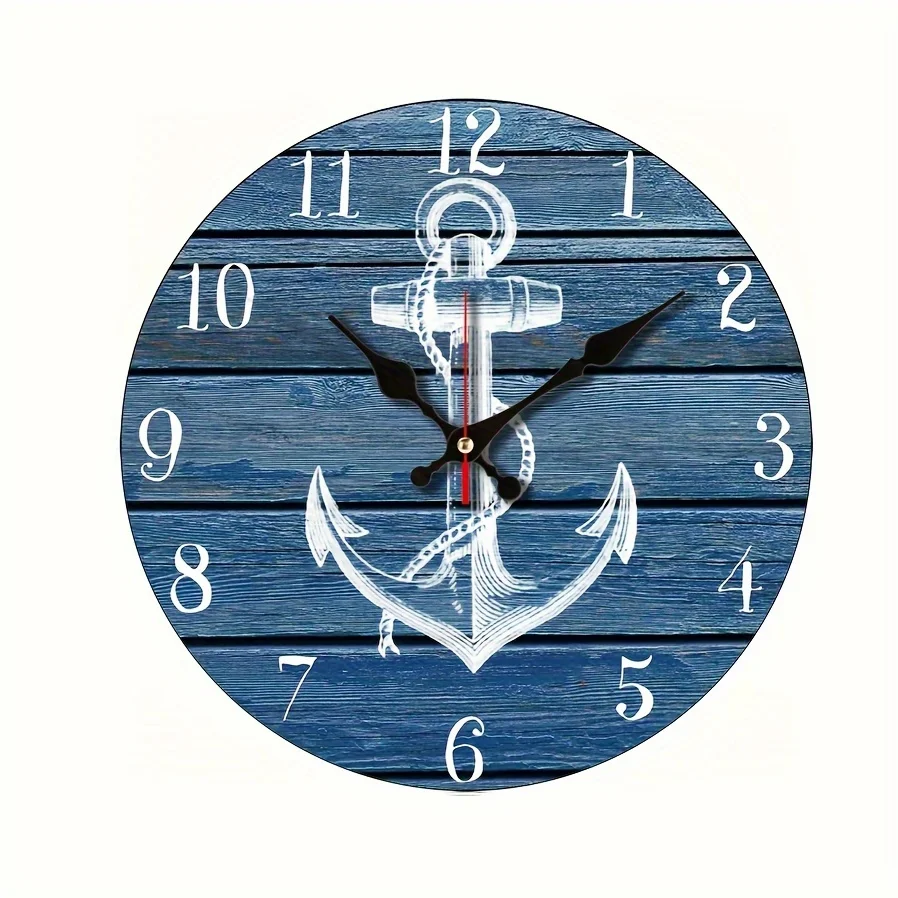 

White Anchor Pattern Wall Clock,Nautical Retro Wooden Clocks, Easy To Read Wall Clocks For KitchenLiving RoomBedroom