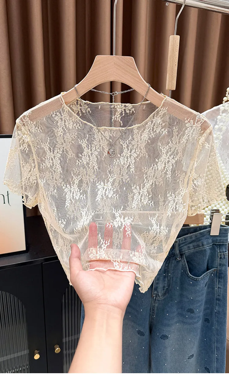 Kurzärmeliges T-Shirt mit Holzohren-Spitzenkante und hohlem Spitzenmuster, Damen-Trägerrock mit Anti-Licht-Effekt, kurzes Oberteil aus Eisseiden-Mesh – Detail 19
