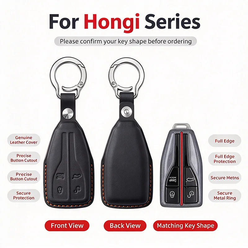 For Hongqi HS5 2019 2020 2022 HS7 Premium Genuine Leather Car Key Case Cover Shell Buckle Keyring