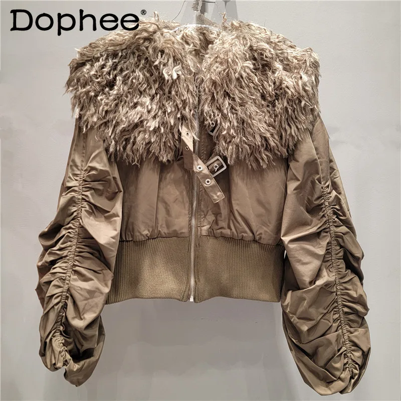 

Retro Fur Collar Short Cotton Clothes Women Winter Design Sense Versatile Warm Thickened Pleated Waist Brown Cotton Coat