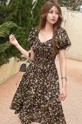 Dabuwawa Print Dress Sweetheart Neck High Waist Puff Sleeve Effortless Chic Summer Vintage Women NEW DM1BDR038